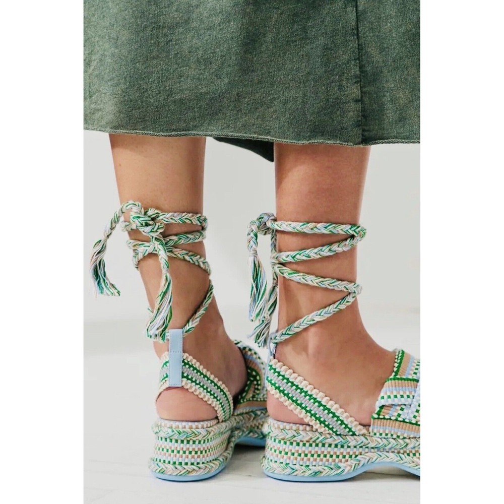 Anthropologie Braided Platform Sandals in Green and White - Picture 2 of 14